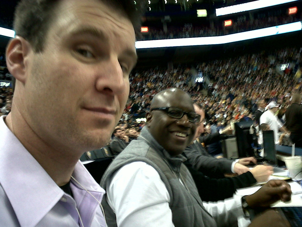 Mike in the courtside press box with fellow LA Times sports reporter Broderick Turner