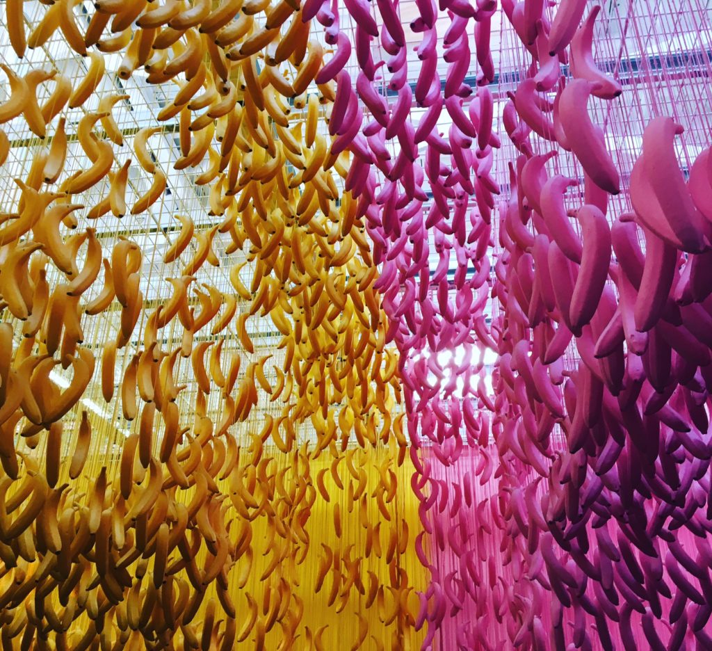 hanging pink and yellow bananas in MUSEUM OF ICE CREAM